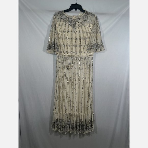 NWT $578 Mac Duggal [ 10 ] Embellished Beaded Flounce Sleeve Midi Dress‎ Cream - Picture 8 of 15